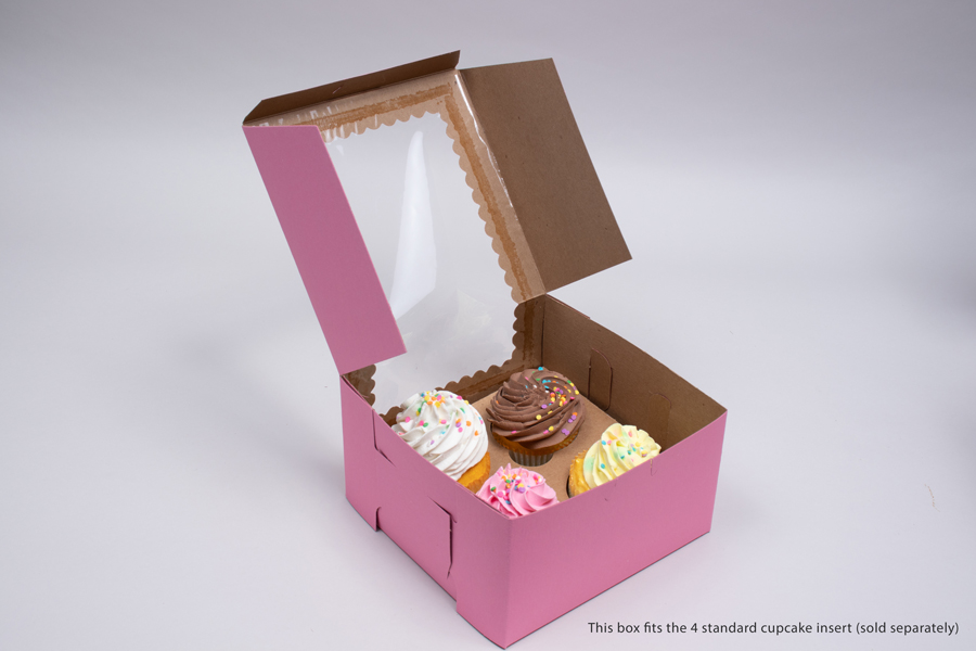 7 x 7 x 4 STRAWBERRY PINK CUPCAKE BOXES WITH WINDOWS