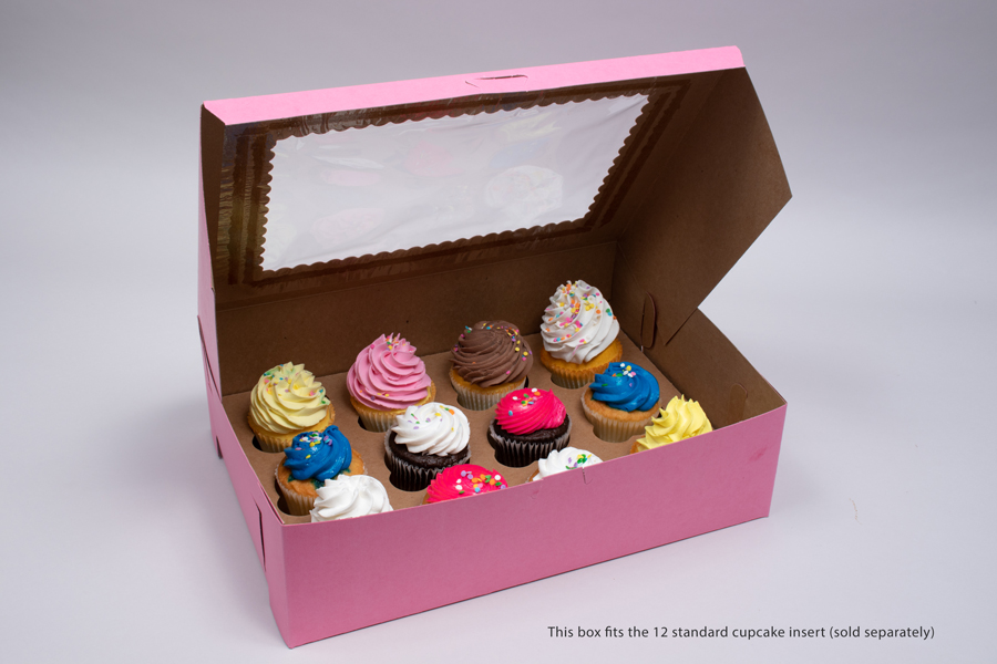 14 x 10 x 4 STRAWBERRY PINK CUPCAKE BOXES WITH WINDOWS