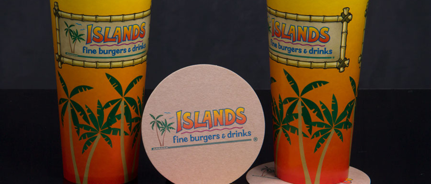 Custom 4 Color Process Printed Cups and Matching Coasters - Islands Restaurants