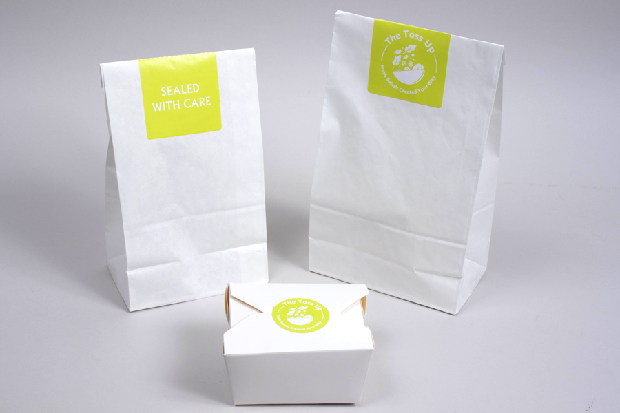 Custom Tamper Evident Toss-Up Labels on Bags and a Box