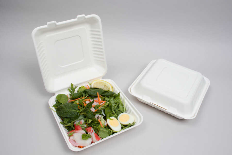 clamshell takeout box with a salad