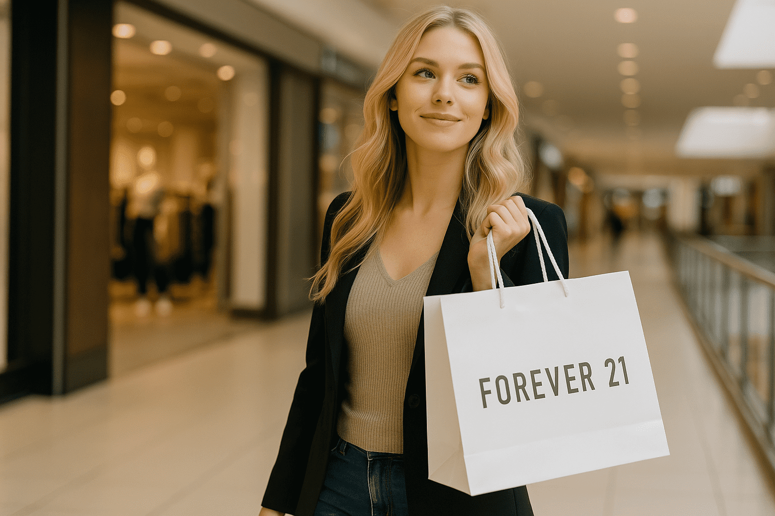 beautiful woman carrying forever 21 bag in the mall