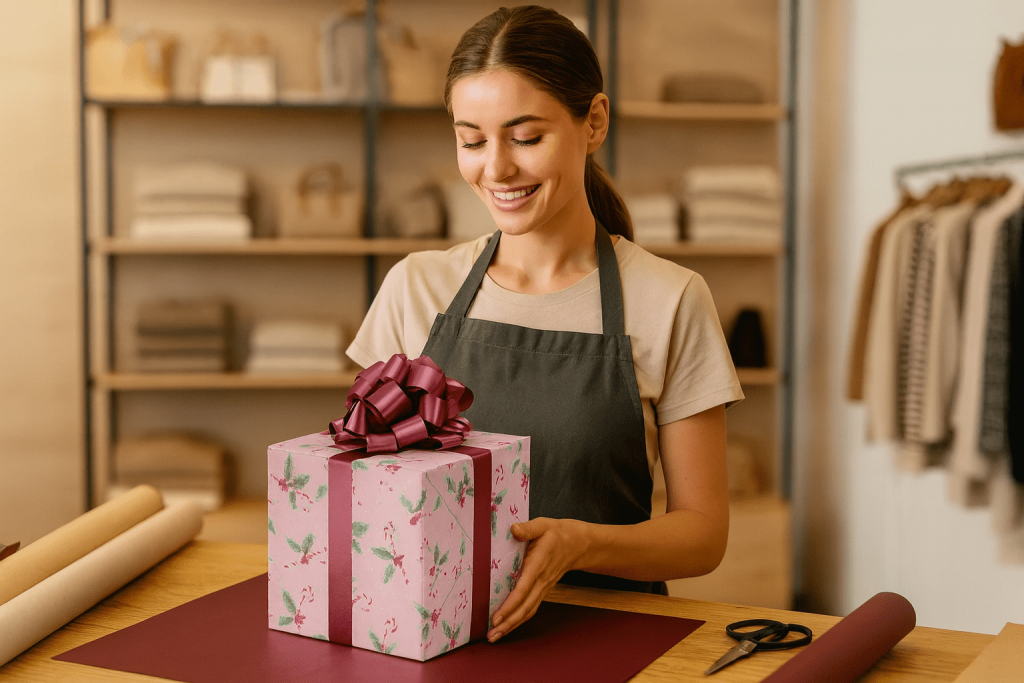 retail worker wrapping a gift