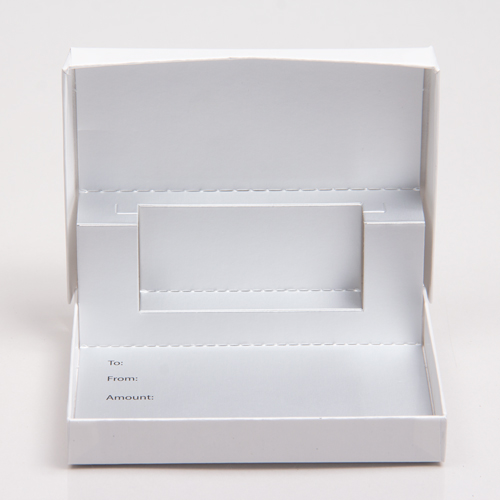 4-5/8 x 3-3/8 x 5/8 WHITE SOFT TOUCH GIFT CARD BOX WITH SILVER POP-UP INSERT