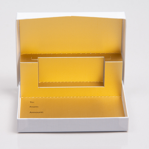 4-5/8 x 3-3/8 x 5/8 WHITE LINEN GIFT CARD BOX WITH GOLD POP-UP INSERT