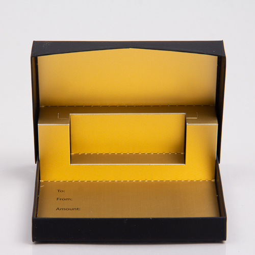 4-5/8 x 3-3/8 x 5/8 BLACK SOFT TOUCH GIFT CARD BOX WITH GOLD POP-UP INSERT