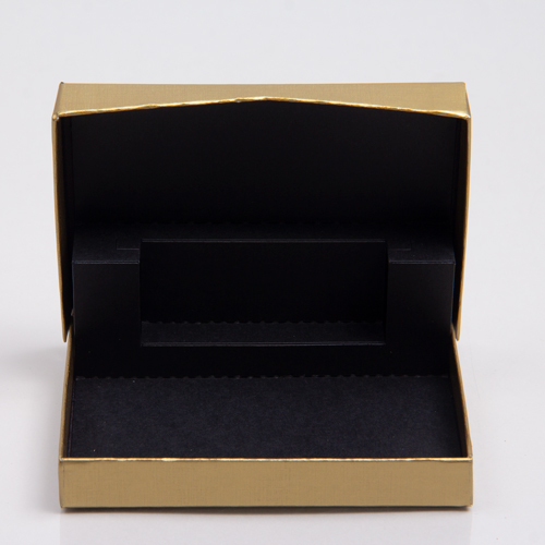 4-5/8 x 3-3/8 x 5/8 GOLD LINEN GIFT CARD BOX WITH BLACK POP-UP INSERT