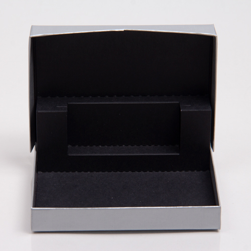 4-5/8 x 3-3/8 x 5/8 SILVER LINEN GIFT CARD BOX WITH BLACK POP-UP INSERT
