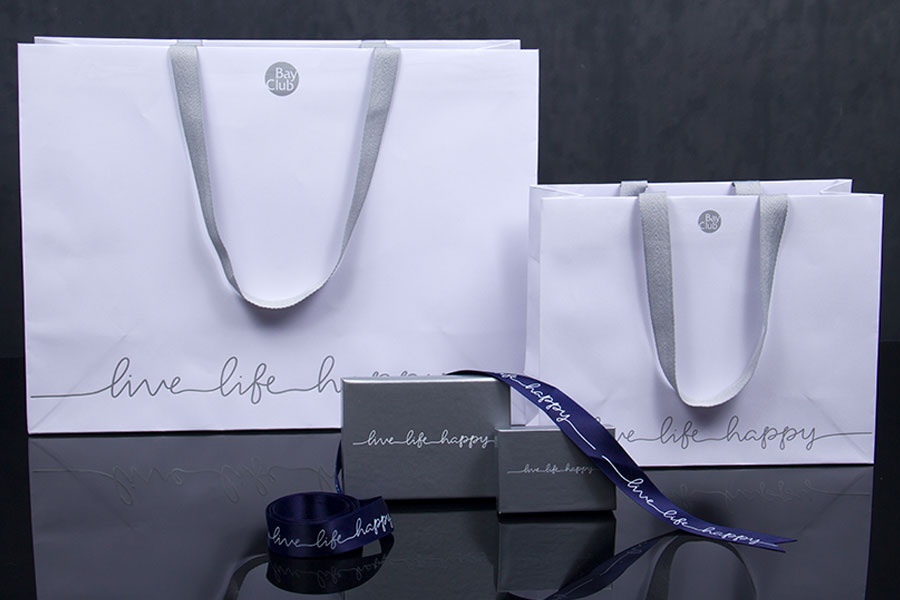 Custom Packaging Collection with Paper Eurototes, Jewelry Boxes and Ink Printed Ribbon - Bay Club
