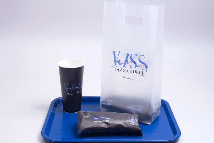 Custom Printed Plastic Takeout Bags with Matching Cup and Food Wrap - K.I.S.S Pizza and Beef