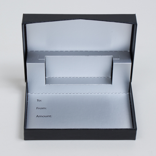 4-5/8 x 3-3/8 x 5/8 BLACK LINEN GIFT CARD BOX WITH SILVER POP-UP INSERT