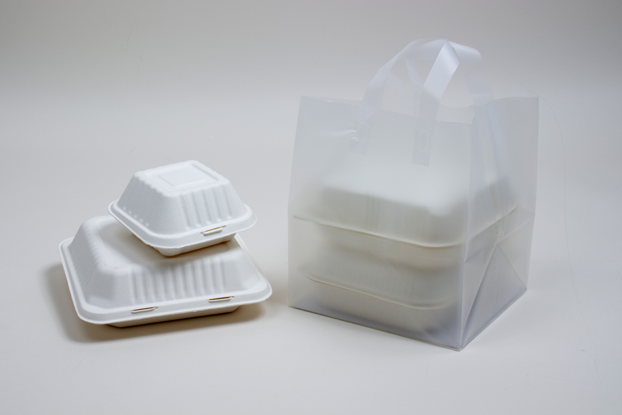 9x8x10 Frosted Clear Plastic Takeout Bags with Soft Loop Handles