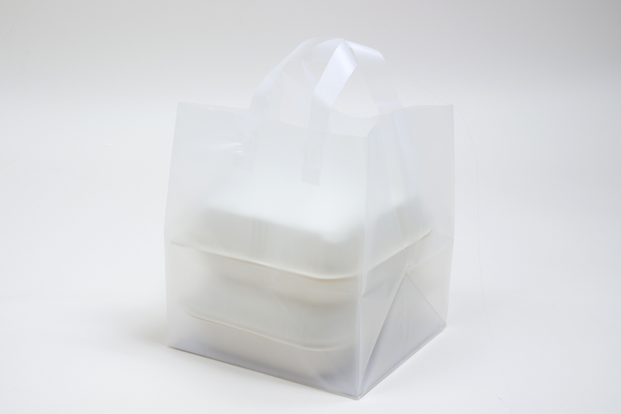 9x8x10 FROSTED CLEAR PLASTIC TAKEOUT BAGS WITH SOFT LOOP HANDLES