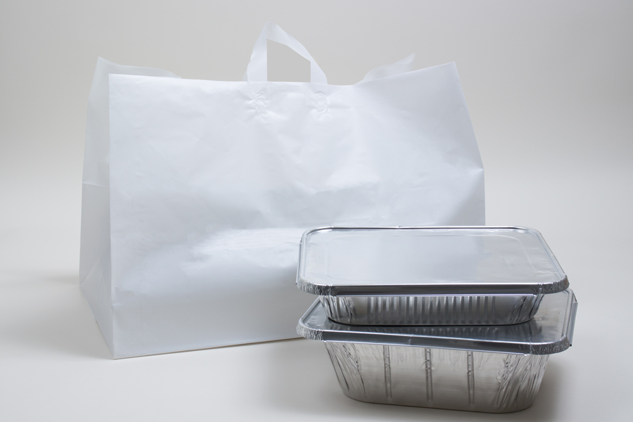 22 X 14 X 15 WHITE PLASTIC CATERING BAGS WITH SOFT LOOP HANDLES