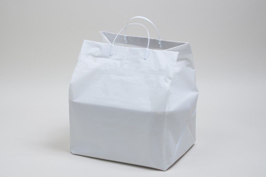 12x10x14 WHITE PLASTIC CATERING BAGS WITH CLIP LOOP HANDLES - 2.50 mil