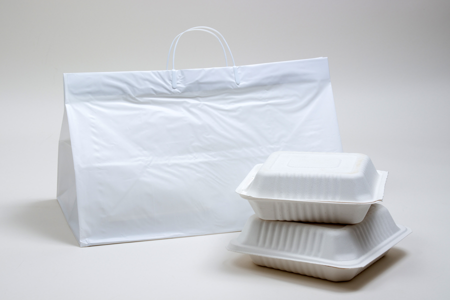 19x10x12 WHITE PLASTIC CATERING BAGS WITH CLIP LOOP HANDLES