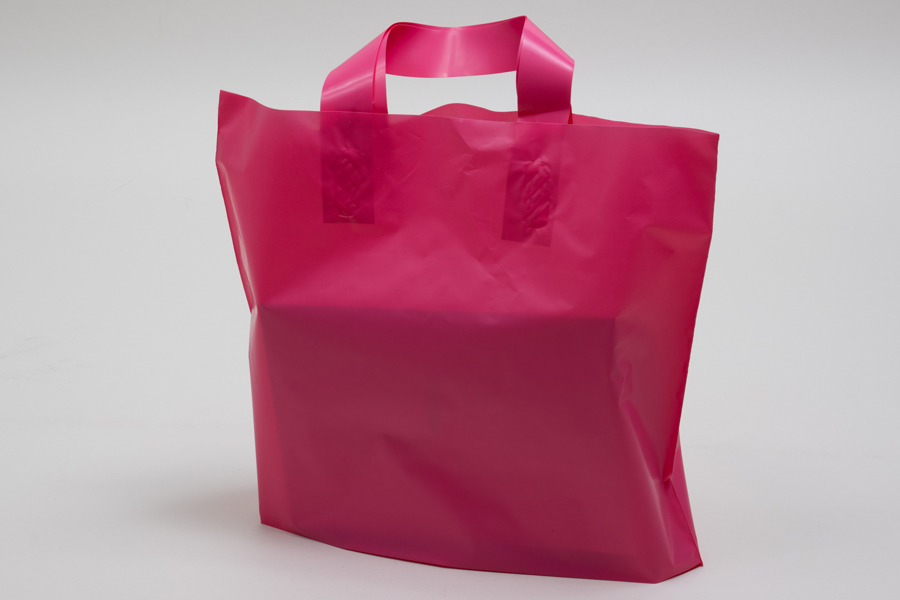 12 x 10 + 4 HOT PINK FROSTED SOFT LOOP HANDLE AMERITOTE PLASTIC BAGS - 2.25 mil