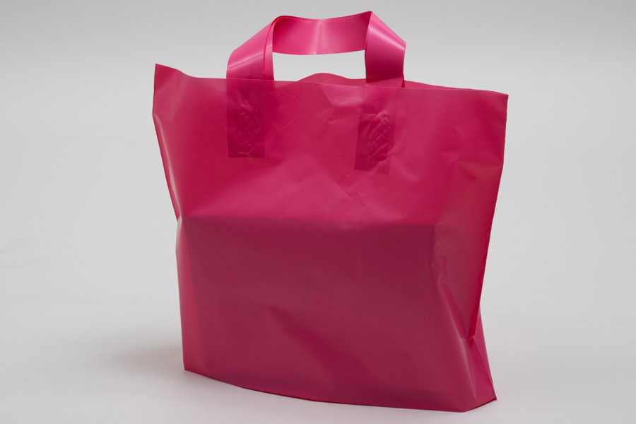 16 x 15 + 6 HOT PINK FROSTED SOFT LOOP HANDLE AMERITOTE PLASTIC BAGS - 2.25  mil