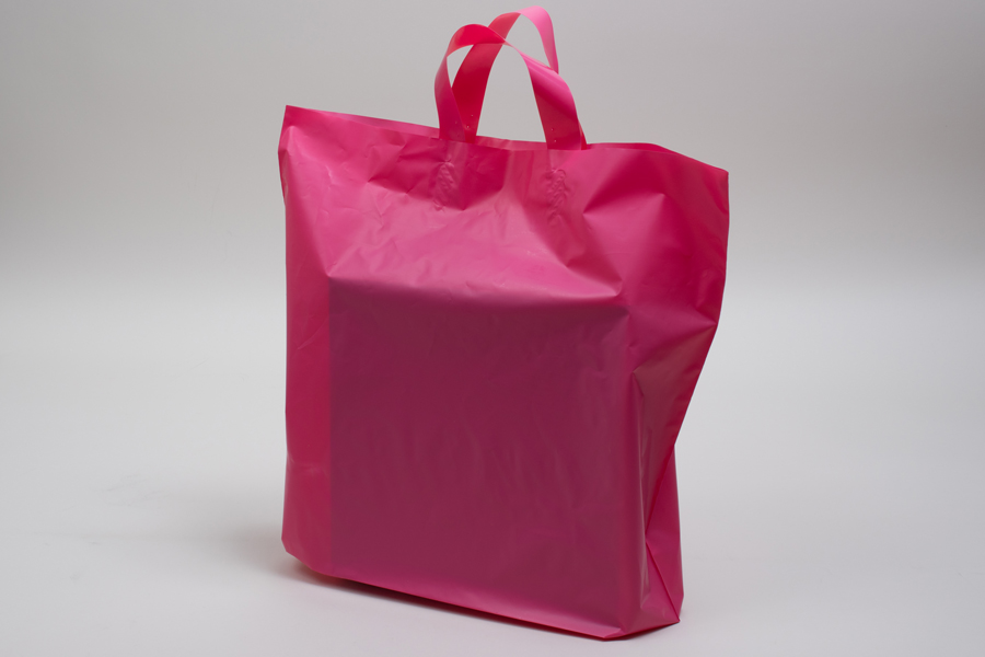 16 x 15 + 6 HOT PINK FROSTED SOFT LOOP HANDLE AMERITOTE PLASTIC BAGS - 2.25 mil