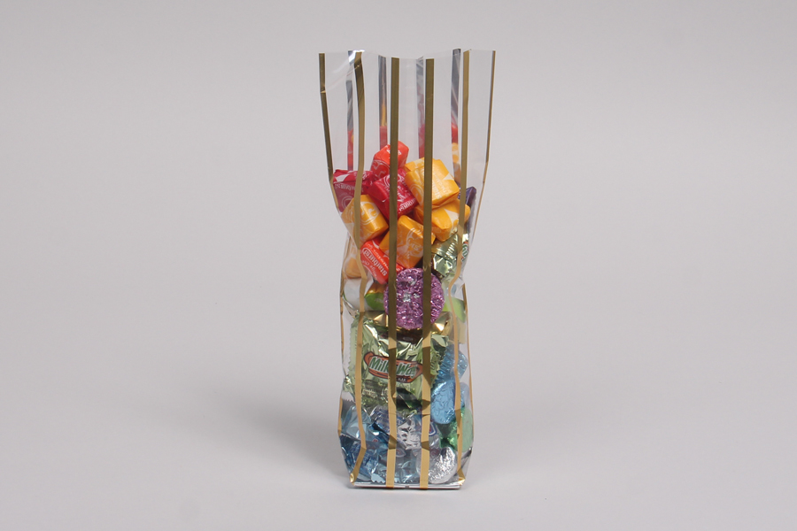 1.75 x 1.75 x 8.5 GOLD STRIPED CLEAR PLASTIC CANDY BAGS