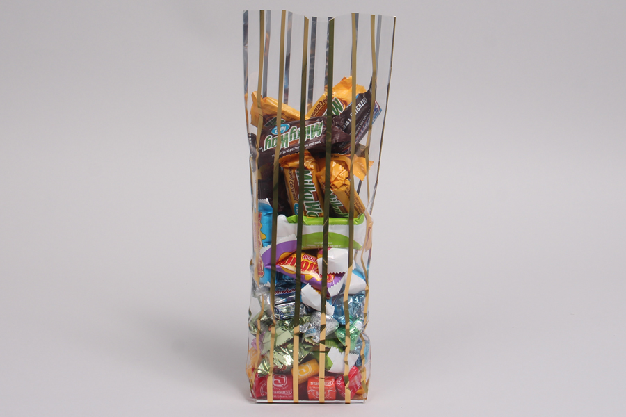 3.25 x 2 x 12 GOLD STRIPED CLEAR PLASTIC CANDY BAGS - 1.20 mil