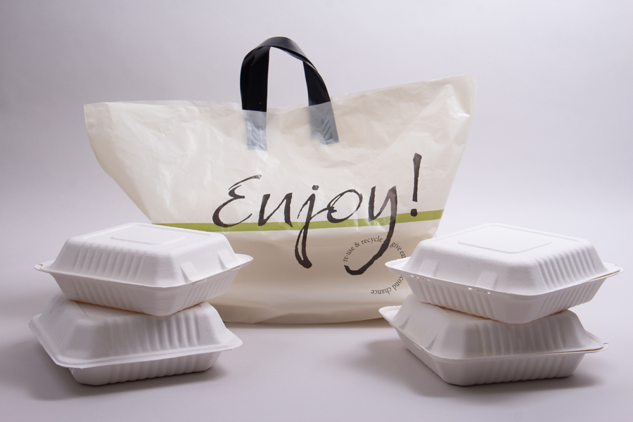 24 x 14 x 11 CREAM “ENJOY” SOFT LOOP HANDLE AMERITOTE PLASTIC CARRYOUT BAGS - 2.0 mil