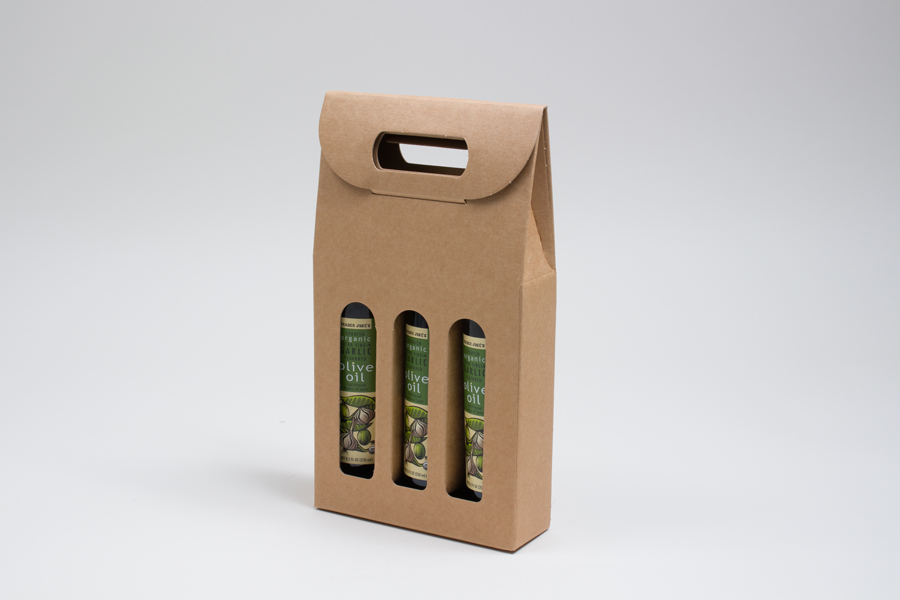 6.625 X 2.125 X 12” - 200ml NATURAL KRAFT OLIVE OIL BOTTLE CARRIERS WITH WINDOWS