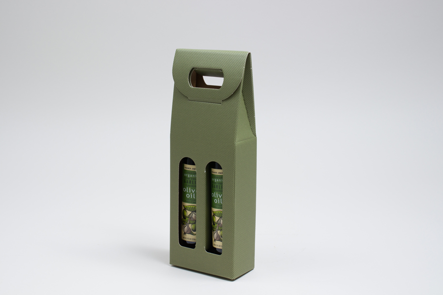 5.125 X 2.5 X 13.25” - 6.625 X 2.125 X 12” SAGE GREEN OLIVE OIL BOTTLE CARRIERS WITH WINDOWS - 375ML