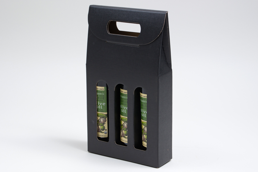 6.625 X 2.125 X 12” - BLACK LINEN OLIVE OIL BOTTLE CARRIERS WITH WINDOWS - 200ML