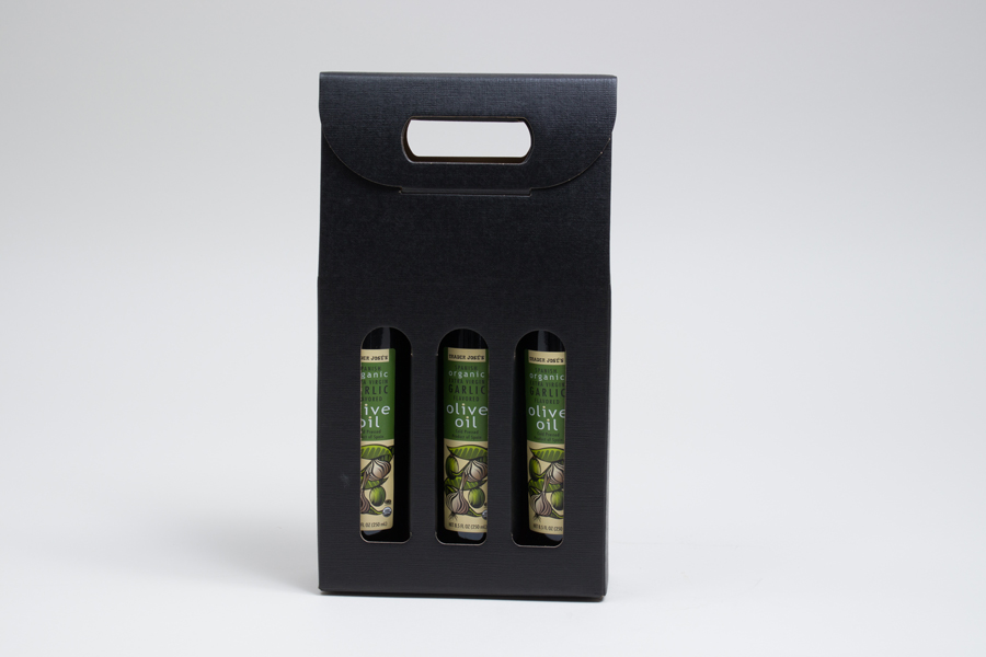 6.625 X 2.125 X 12” - BLACK LINEN OLIVE OIL BOTTLE CARRIERS WITH WINDOWS - 200ML