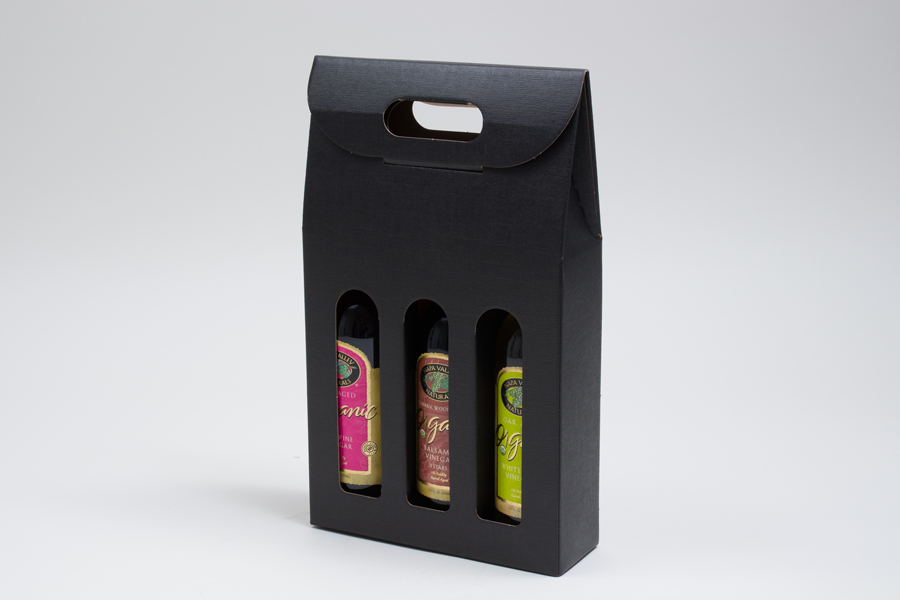 7.875 X 2.5 X 13.25” - 375ml BLACK LINEN OLIVE OIL BOTTLE CARRIERS WITH WINDOWS - 3 (375ML) BOTTLES