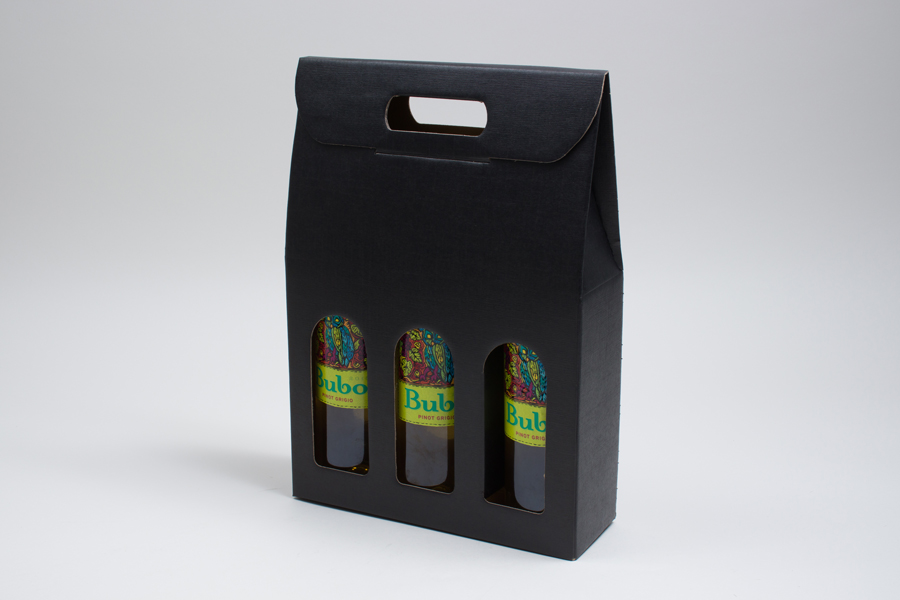 10.625 X 3.5 X 15” BLACK LINEN WINE BOTTLE BOXES WITH WINDOWS - 3 (750ML) BOTTLES