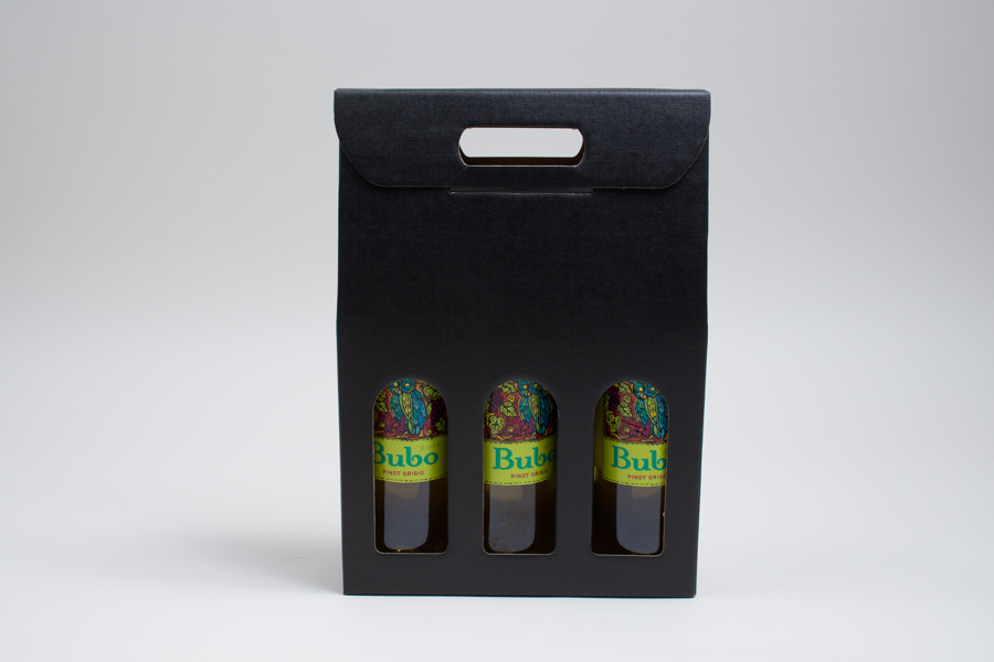 10.625 X 3.5 X 15” BLACK LINEN WINE BOTTLE BOXES WITH WINDOWS - 3 (750ML) BOTTLES