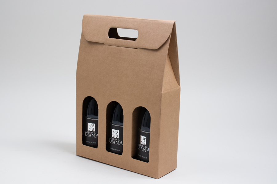 10.625 X 3.5 X 15” SMOOTH KRAFT WINE BOTTLE BOXES WITH WINDOW - 3 (750ml) BOTTLE