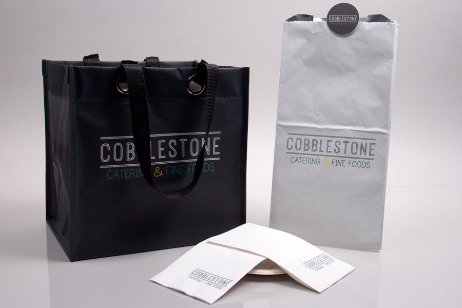 Custom printed paper take-out bags - Insulated chicken bags and napkins - Cobblestone Catering