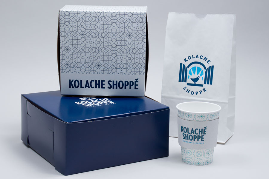 Custom printed paper take-out bag, cups, pastry box - Kolache Shoppe