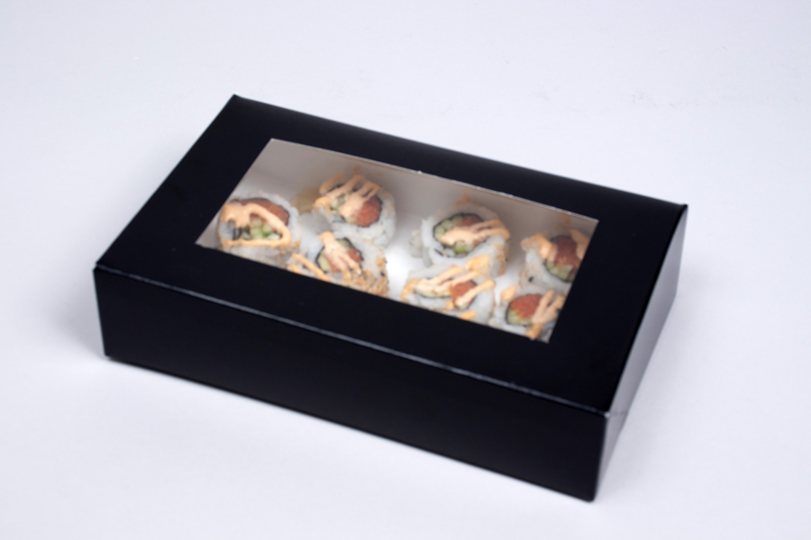 8.5 X 5.25 X 2 BLACK GLOSS SUSHI BOXES WITH VIEW WINDOWS