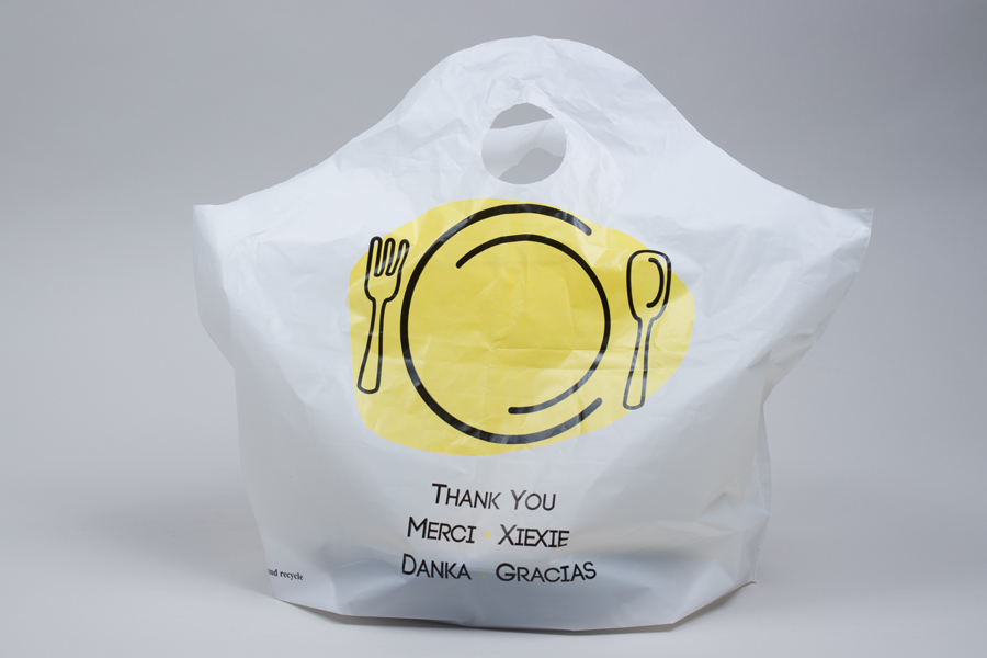 15 x 14 + 5 THANK YOU WHITE PLASTIC WAVETOP TAKEOUT BAGS - 1.20 mil