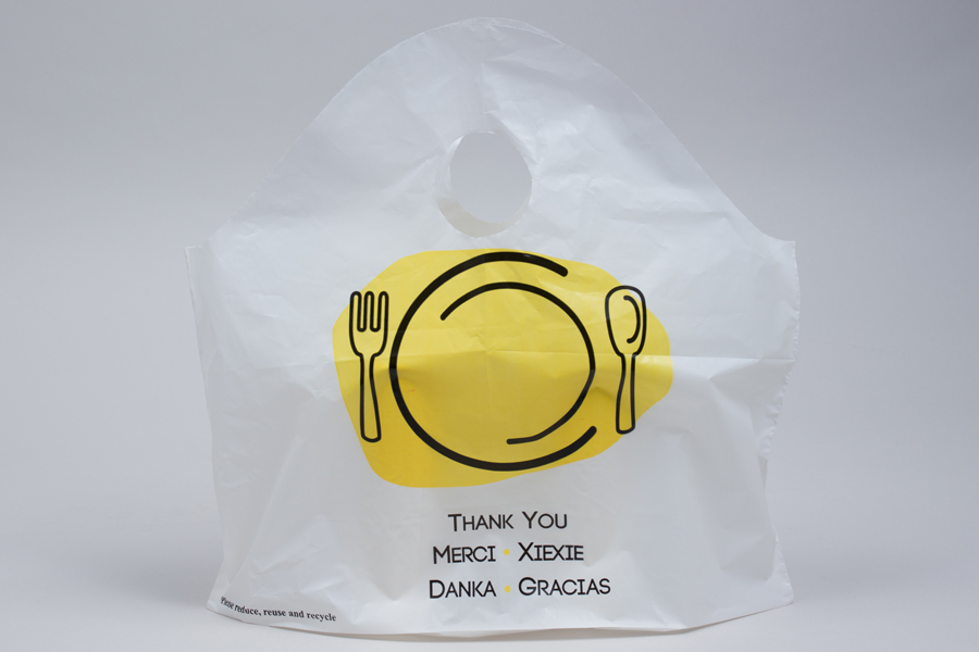 18 x 16 + 9 THANK YOU WHITE PLASTIC WAVETOP TAKEOUT BAGS - 1.40 mil