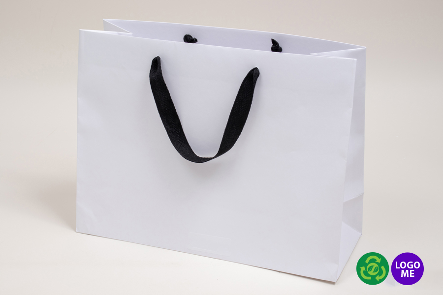 16 x 6 x 12 MATTE WHITE PAPER EUROTOTE SHOPPING BAGS - BLACK TWILL RIBBON HANDLES