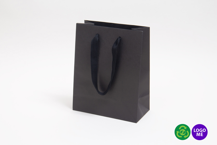 8 x 4 x 10 MATTE BLACK TINTED PAPER EUROTOTE SHOPPING BAGS - TWILL RIBBON HANDLES