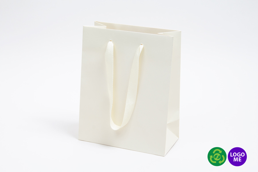 8 x 4 x 10 MATTE IVORY TINTED PAPER EUROTOTE SHOPPING BAGS - TWILL RIBBON HANDLES