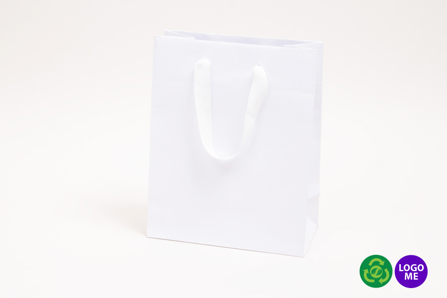8 x 4 x 10 MATTE WHITE TINTED PAPER EUROTOTE SHOPPING BAGS - TWILL RIBBON HANDLES