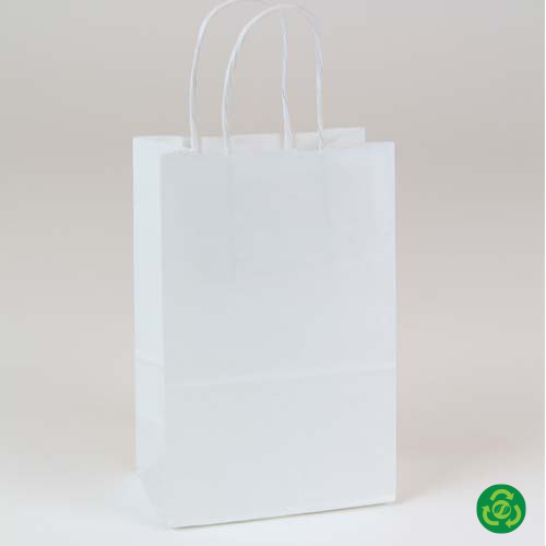 5.75 x 3.25 x 8.37 white kraft paper shopping bags have matching twisted  paper handles and squared bottom gussets. These paper bags are made with  100%