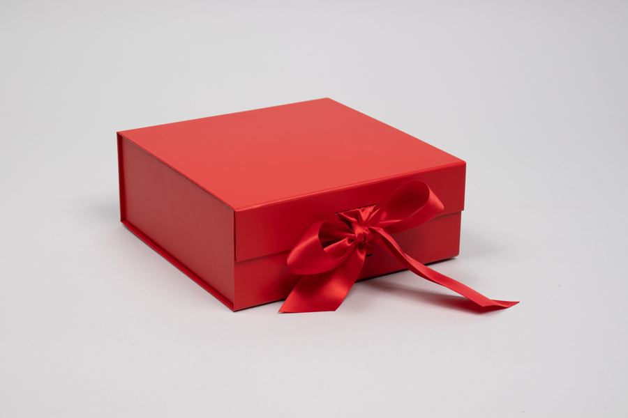 8 x 8 x 3-1/8  MATTE RED MAGNETIC LID GIFT BOXES WITH RIBBON