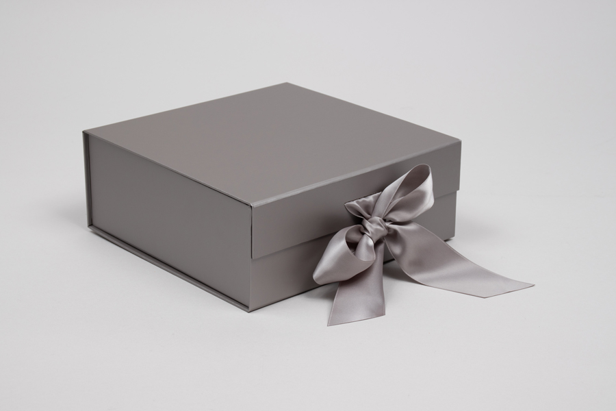 8 x 8 x 3-1/8  MATTE SILVER MAGNETIC LID GIFT BOXES WITH RIBBON