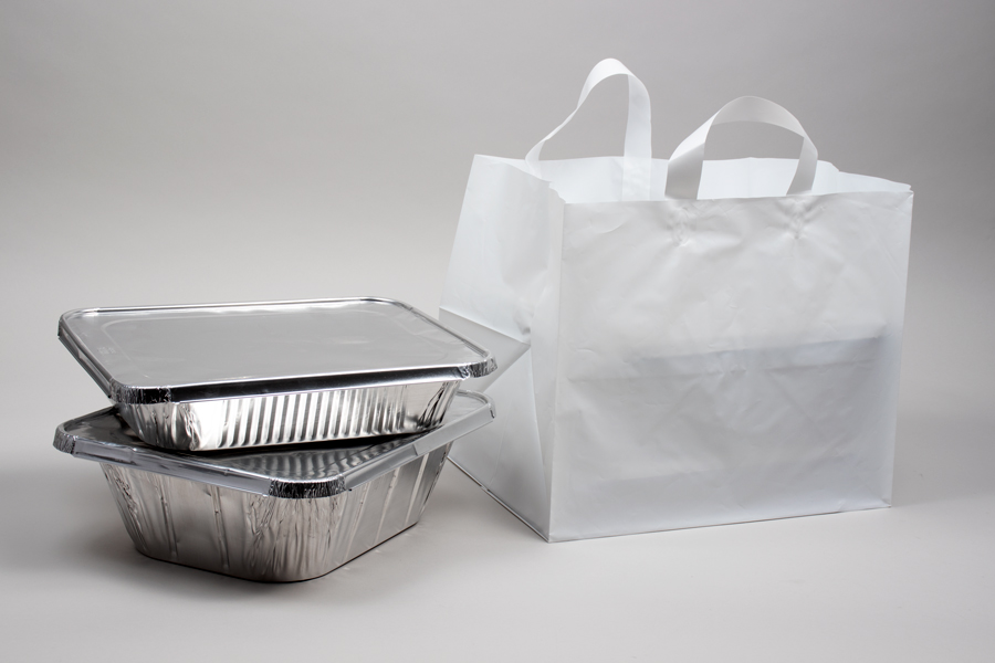 14 X 11.5 X 12 WHITE PLASTIC CATERING BAGS WITH SOFT LOOP HANDLES
