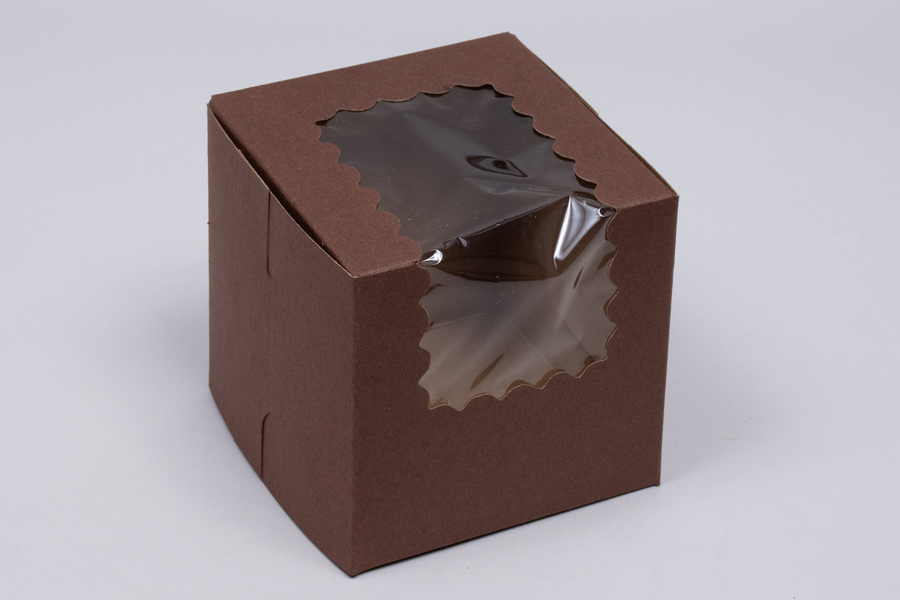 4 x 4 x 4  CHOCOLATE BROWN CUPCAKE BOXES WITH WINDOWS