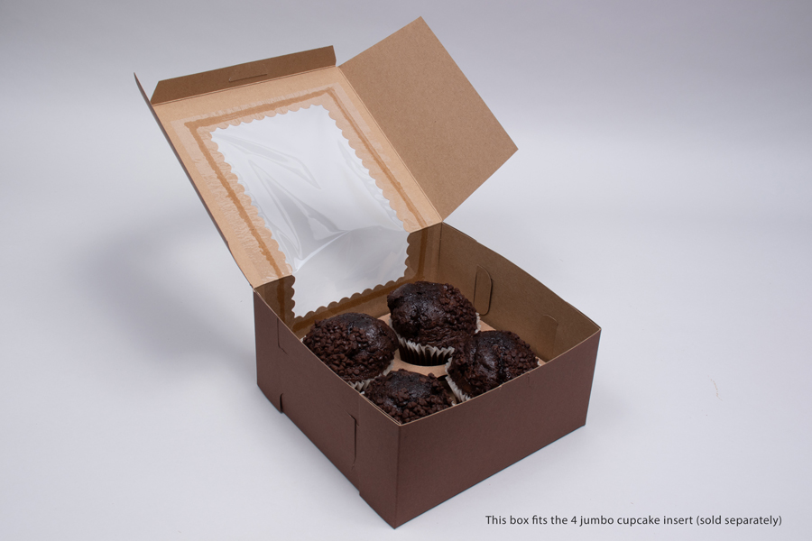 8 x 8 x 4 CHOCOLATE BROWN CUPCAKE BOXES WITH WINDOWS
