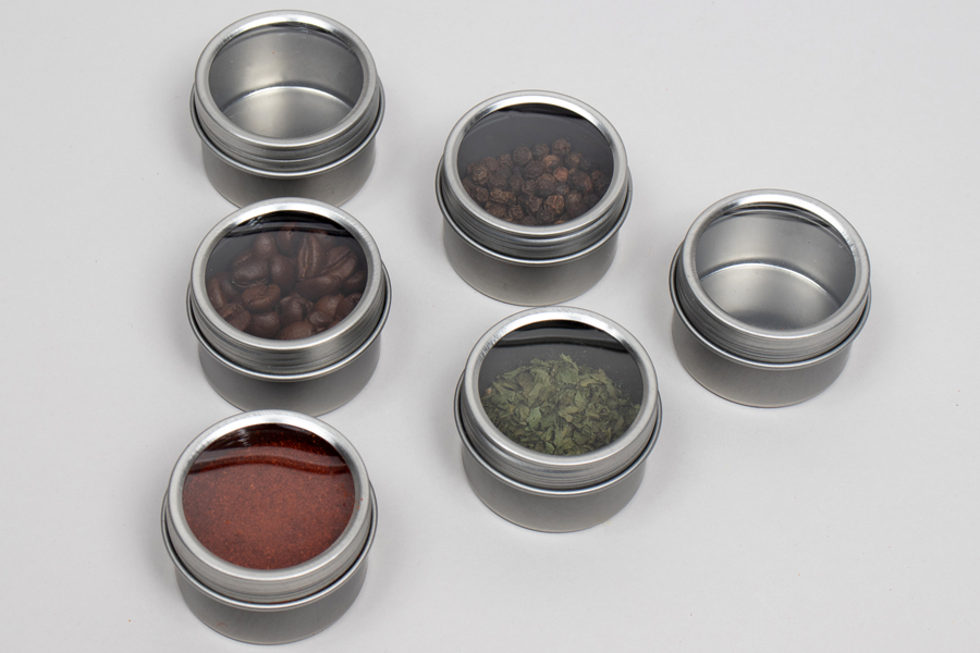 SMALL 1-1/2” x 1” – 1OZ CLEAR LID ROUND METAL TINS – FOOD GRADE